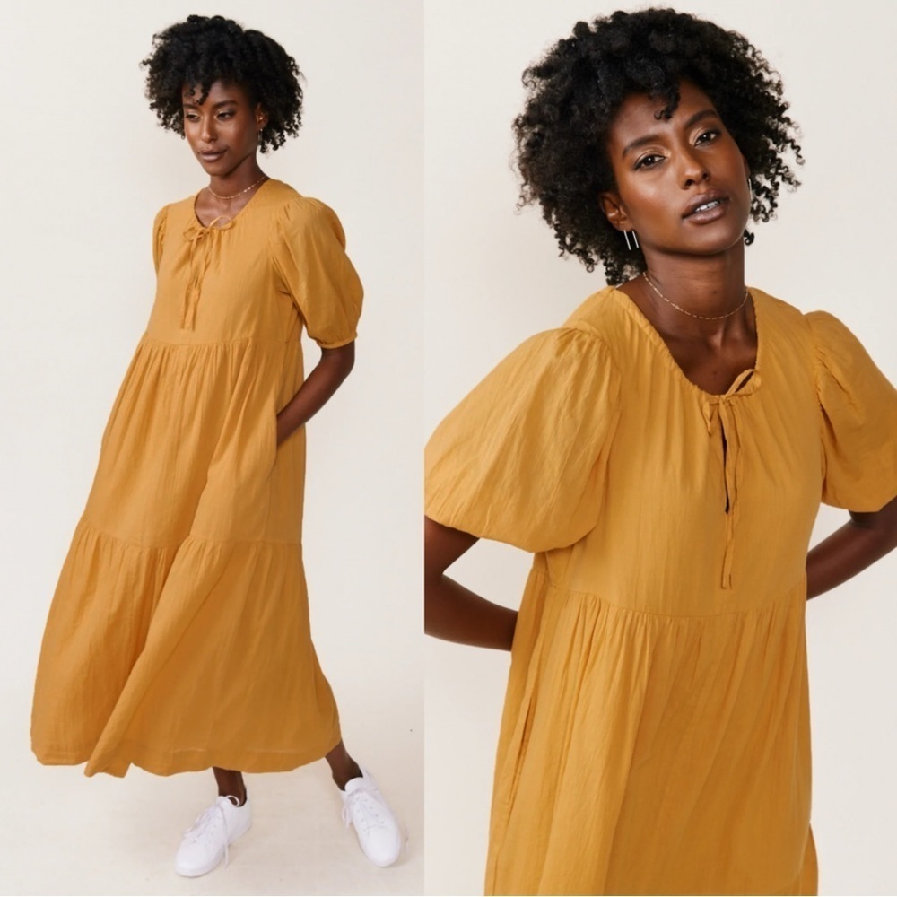 ABLE • Florence Maxi Dress mustard yellow Paprika cotton peasant puff sleeve